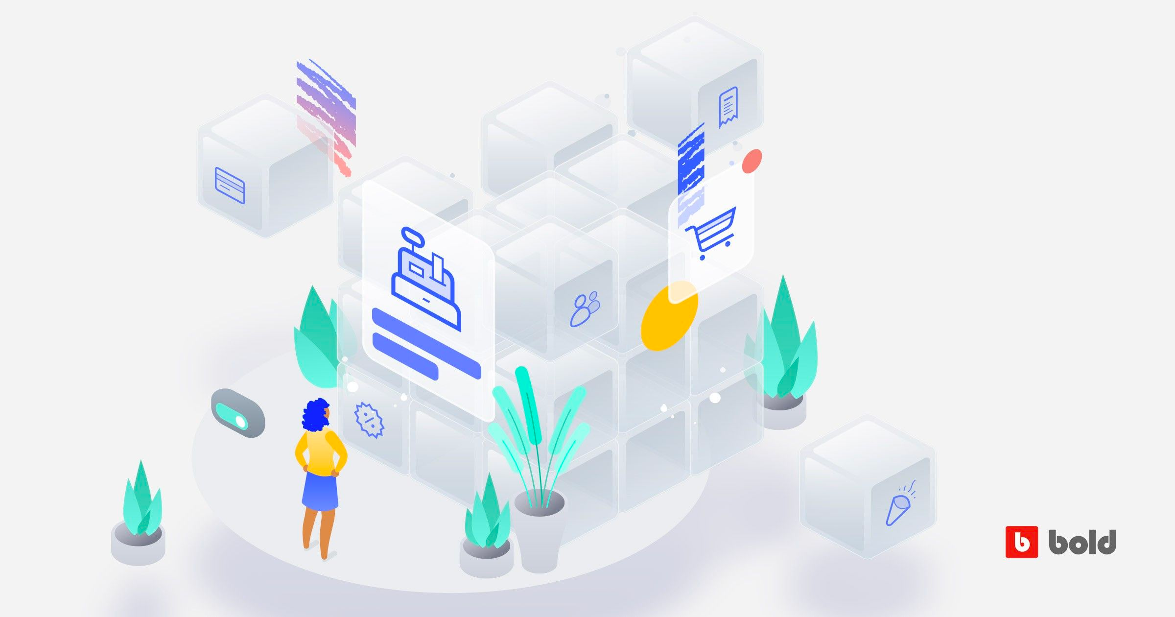 Illustration of a person navigating a complex ecommerce solution