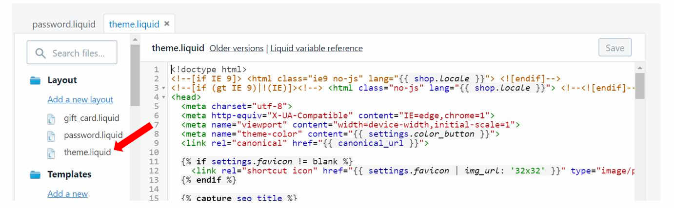 Screenshot of the theme.liquid file