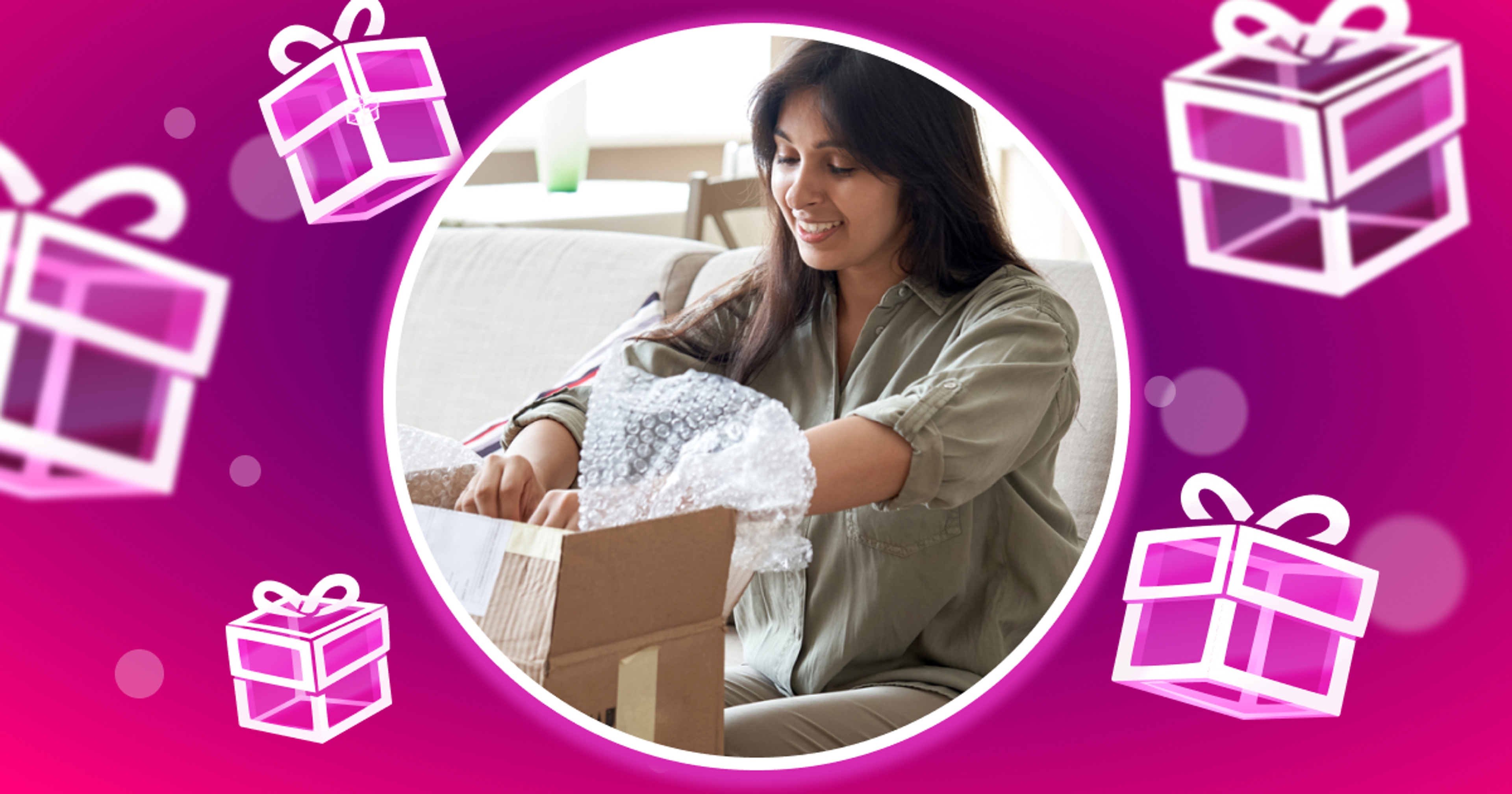 Image depicts a woman opening a package