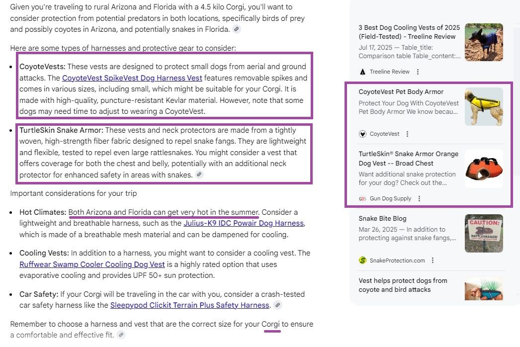 Conversational search results for dog travel gear and predator protection in Google AI Mode that Shopify retailers should see