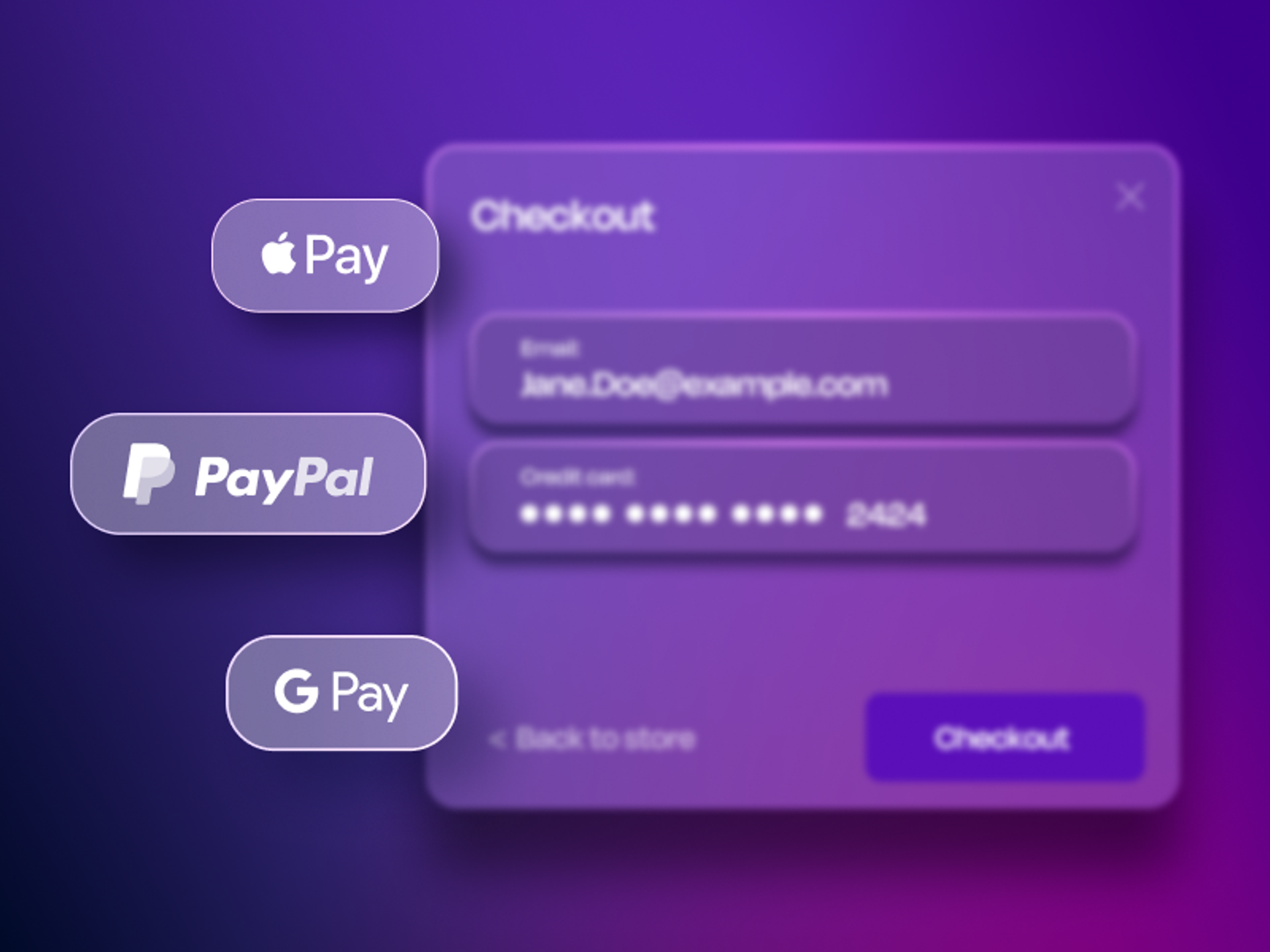 An illustration of a checkout interface with Apple pay, Paypal, and Google pay logos.