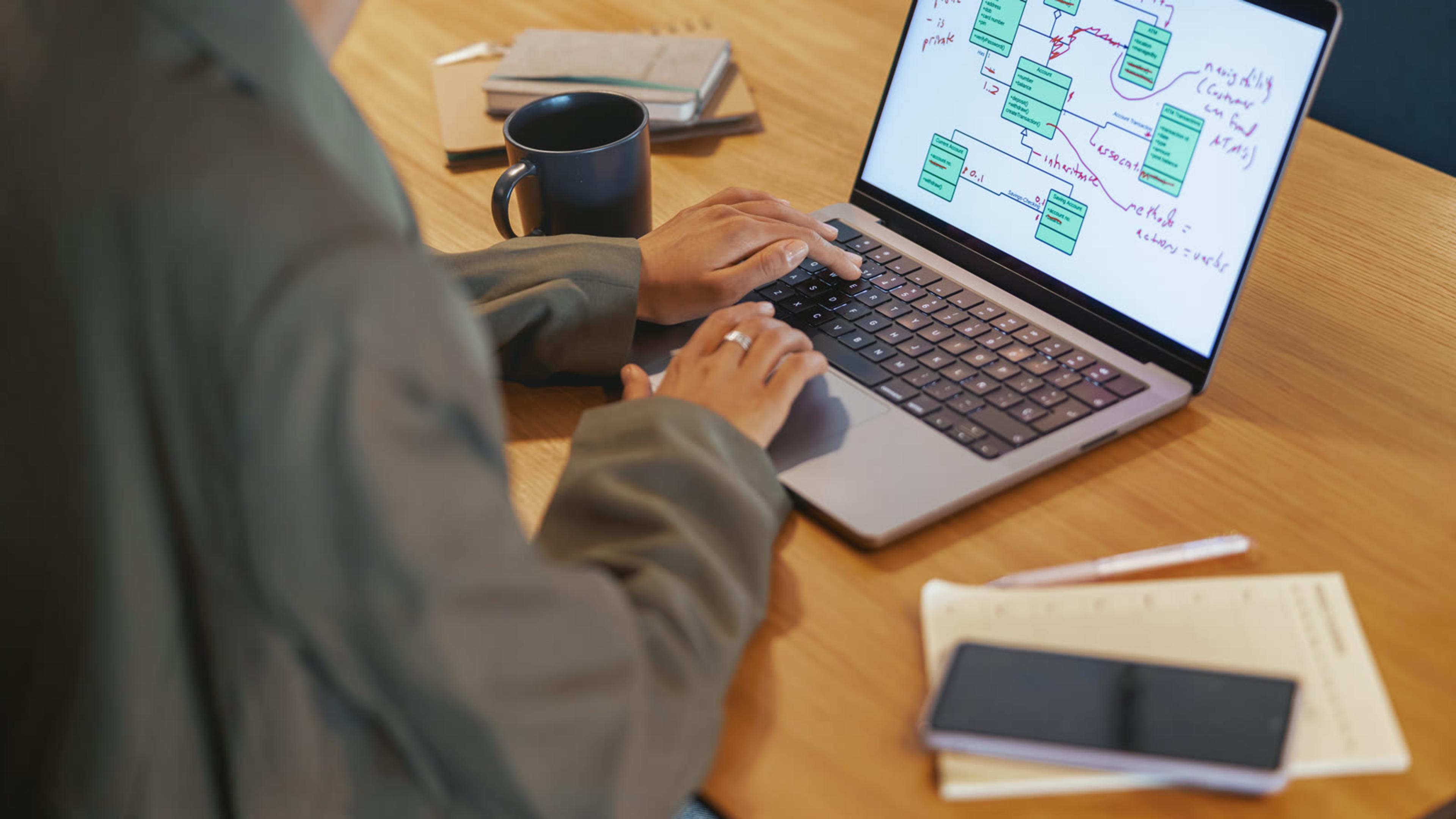 Person at a laptop reviewing a flowchart diagram on screen