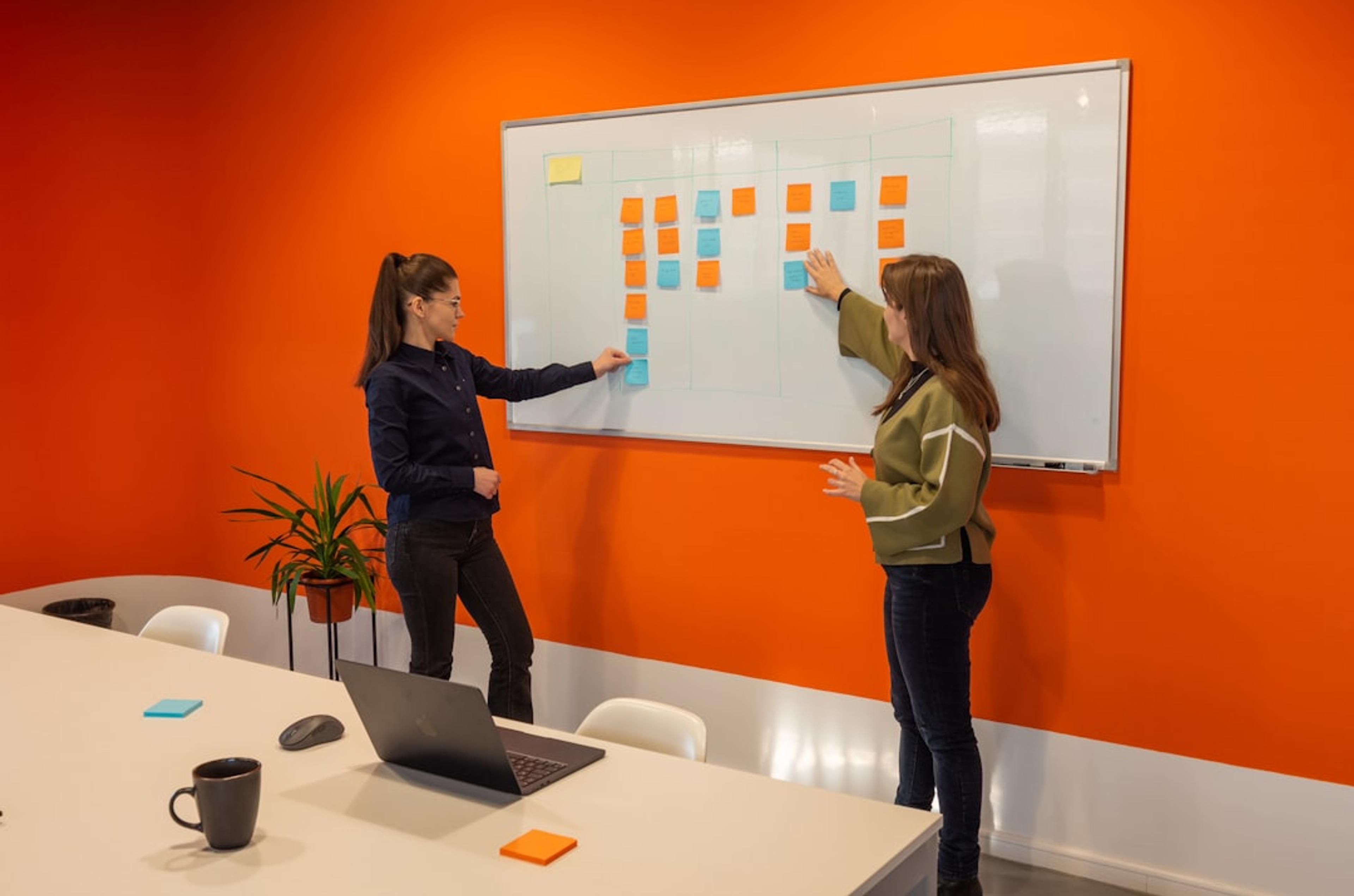 Service-design team mapping a customer journey with sticky notes on a whiteboard