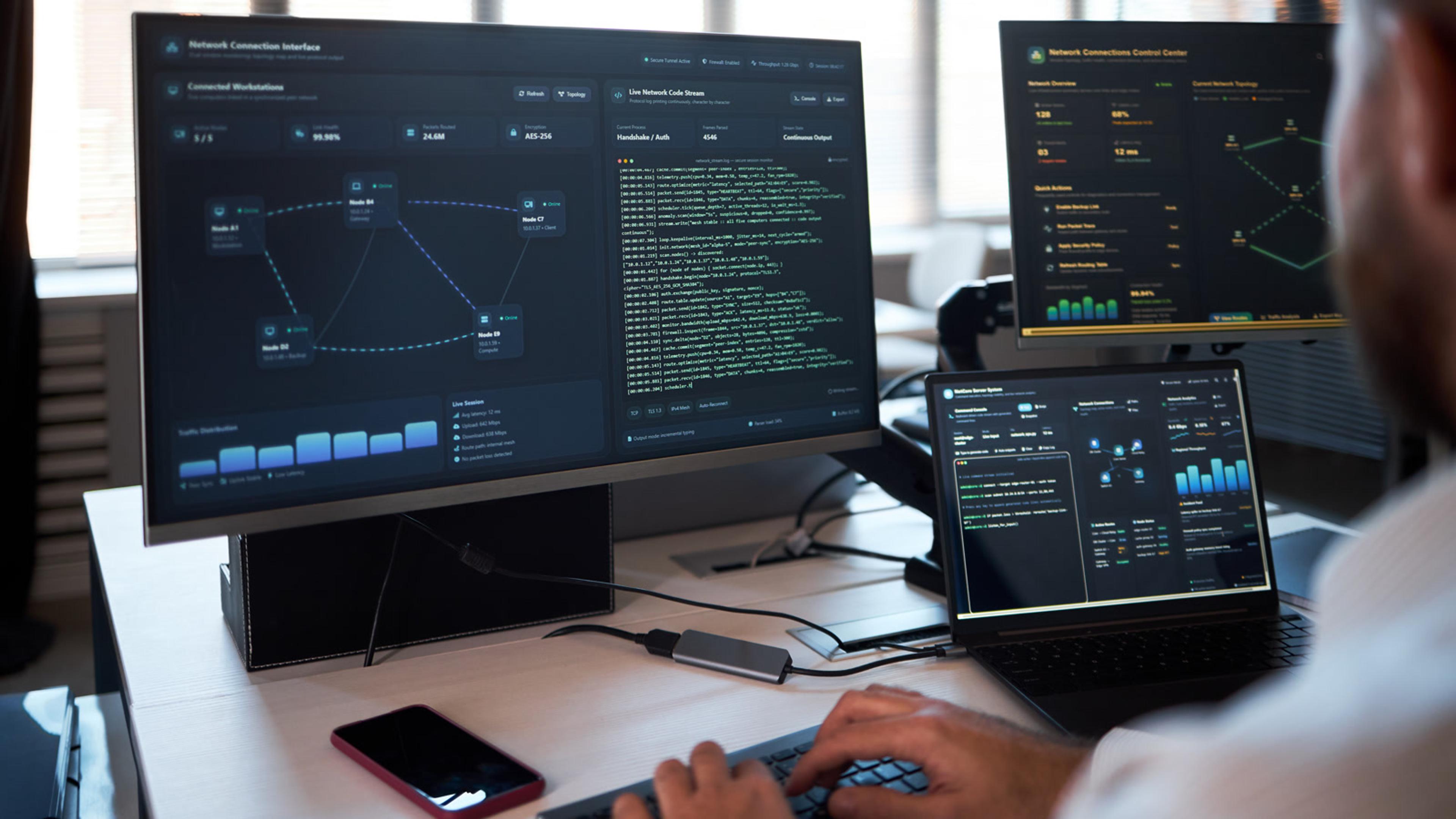 IT professional monitoring security interfaces on multiple screens — email filtering and authentication ops
