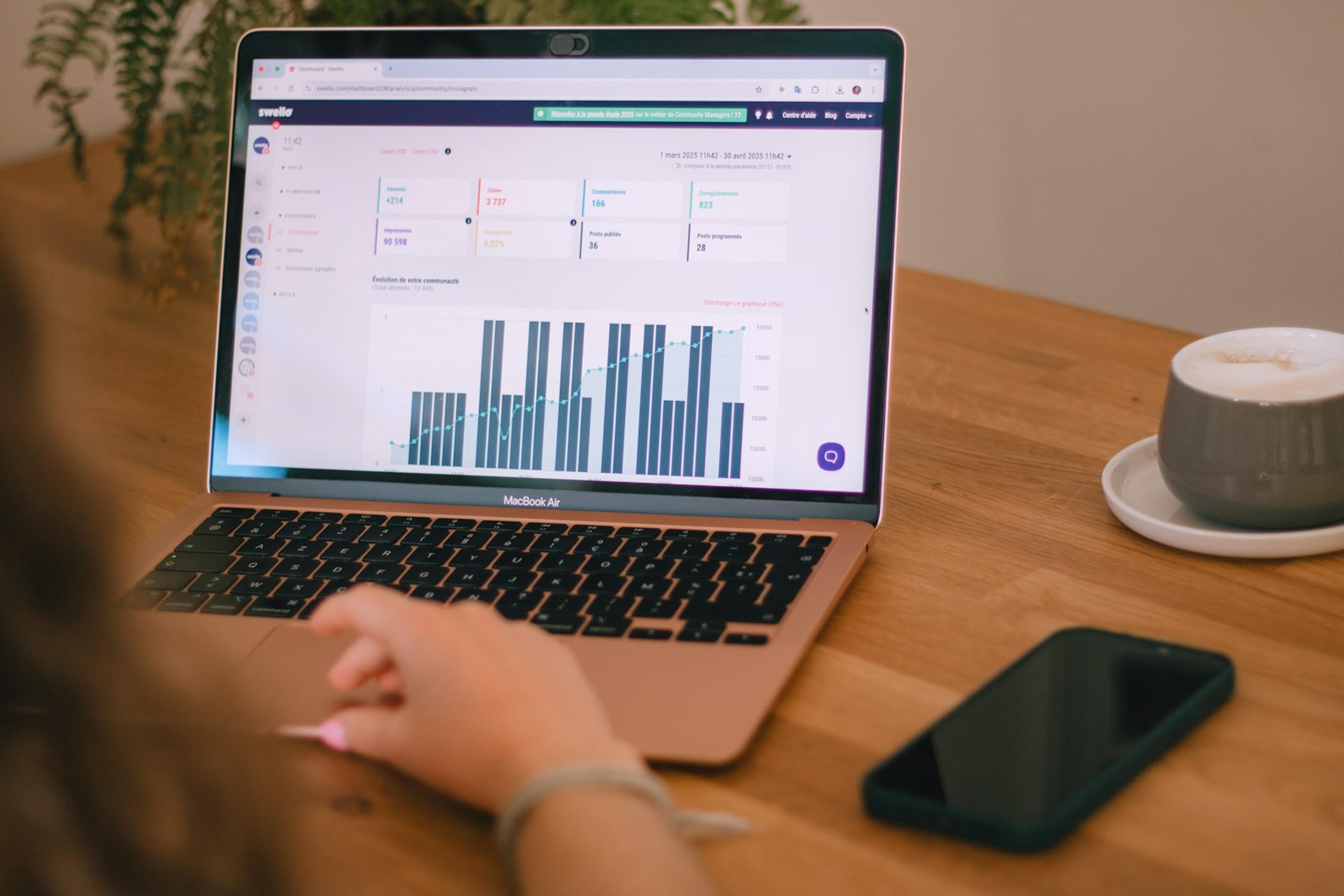 Business professional reviewing performance charts on a laptop