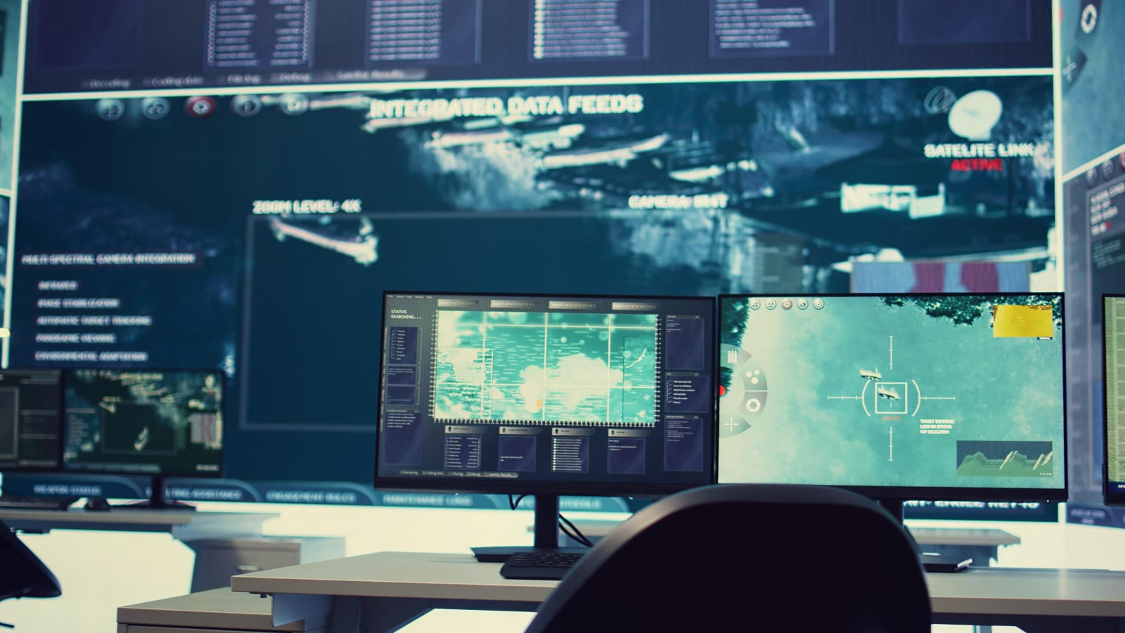 Security operations monitors displaying integrated data feeds for VoIP fraud detection