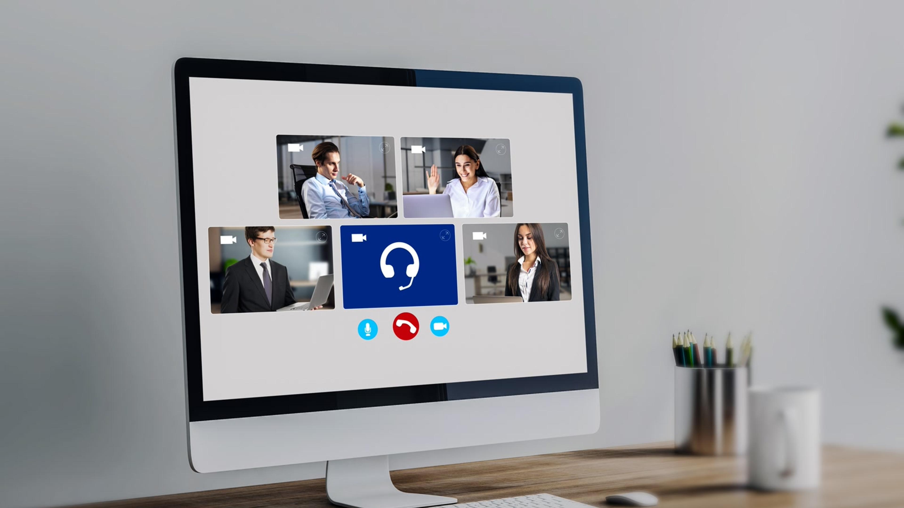 Team on an app-based video and voice call from laptops
