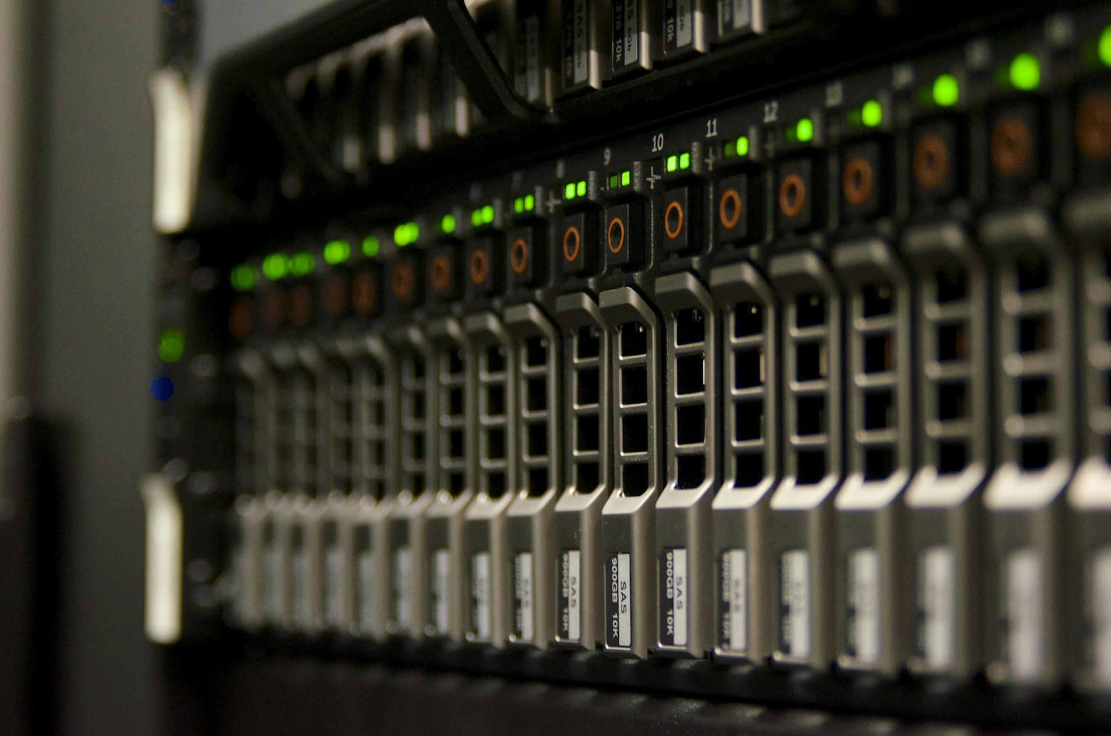 Server rack with status lights used for communications monitoring