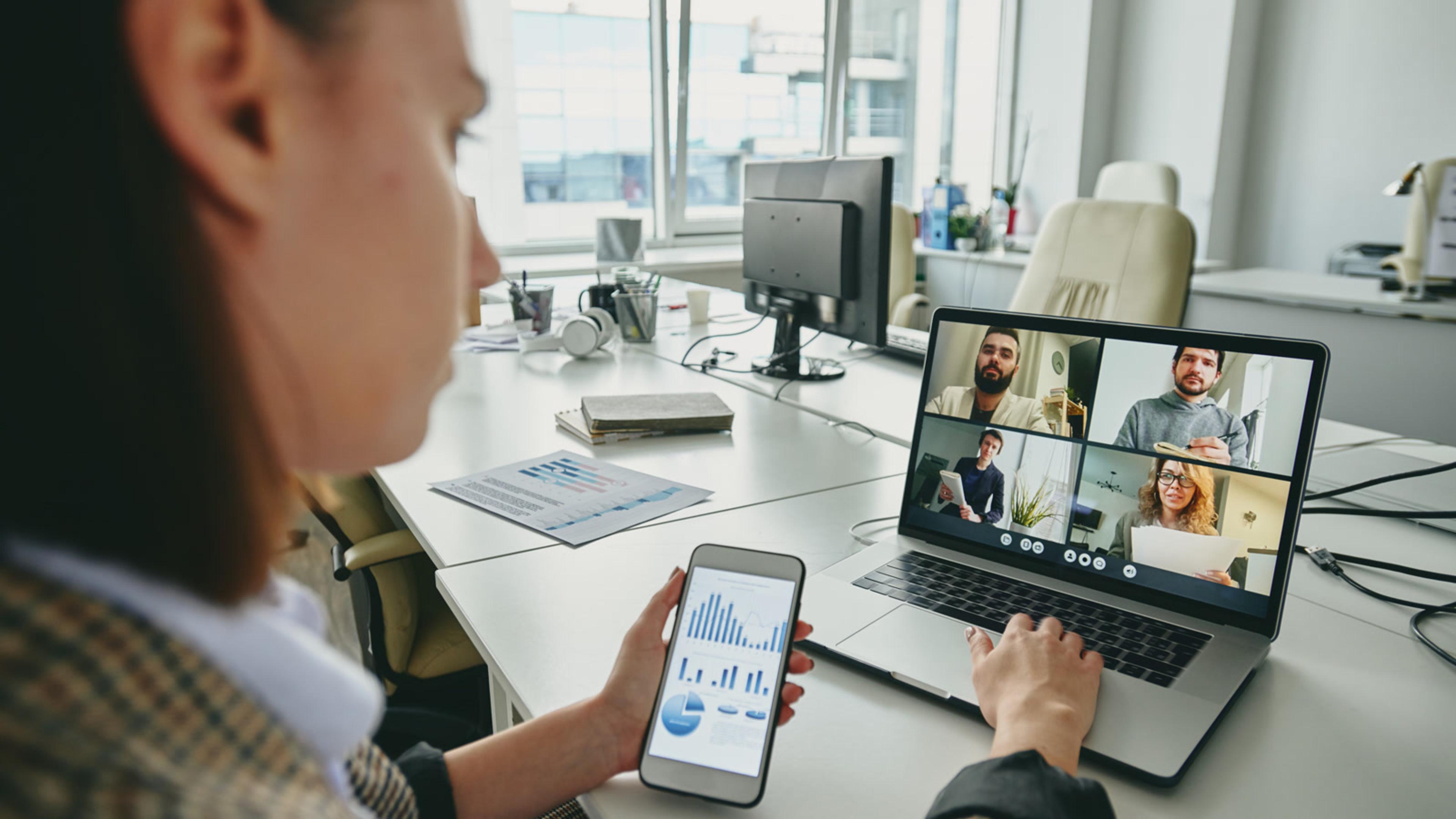 Hybrid team using softphones on a cloud phone system