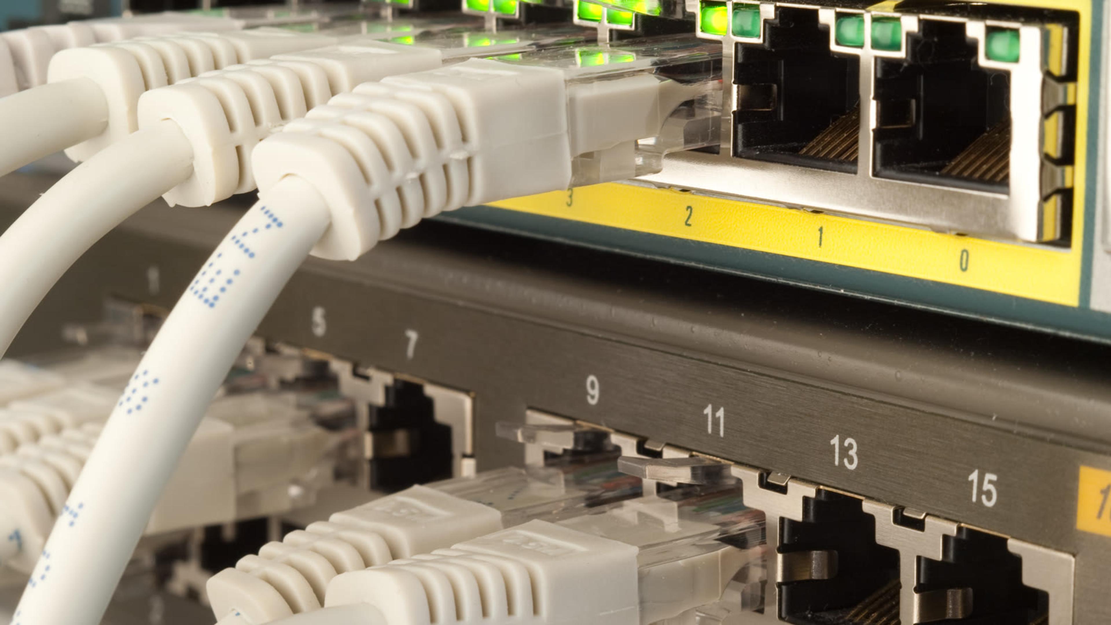 Network switch with ethernet cables connected for office data transfer