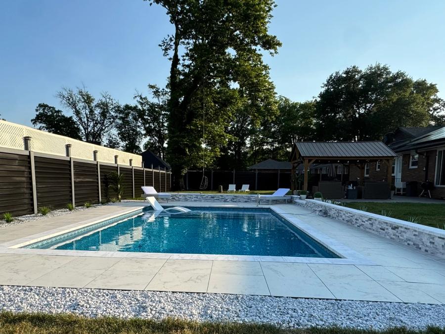 Stone veneer raised walls, modern paver deck, Hillside NJ