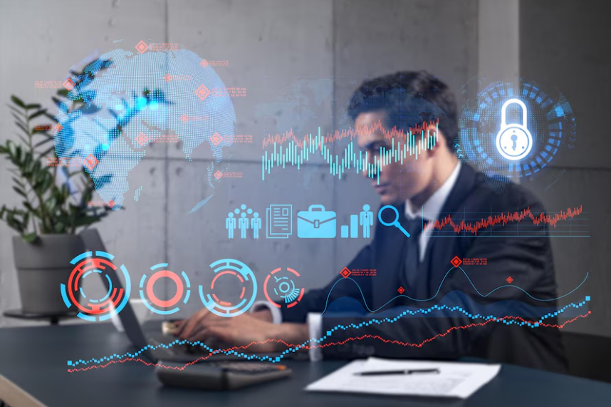 Analyst at a desk with market charts, a globe and a padlock icon overlaid