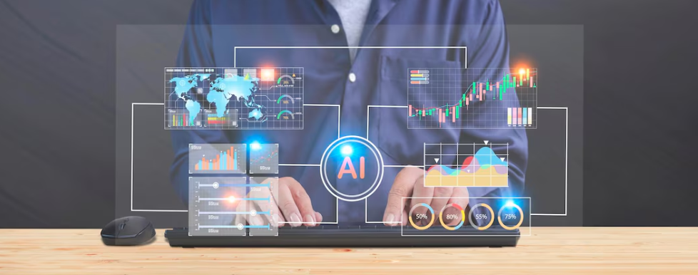Analyst at a keyboard surrounded by dashboards, charts and a central AI node