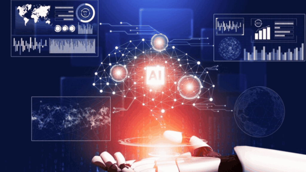 A robotic hand holding an AI chip at the centre of a network of market dashboards