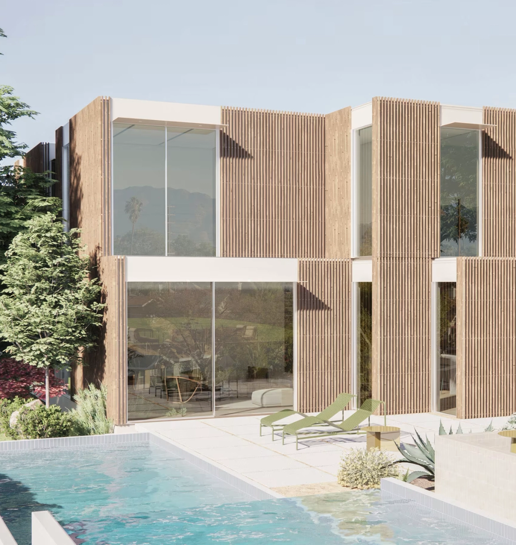 Backyard render of a custom 2 story luxury home, modern, mid-century inspired.