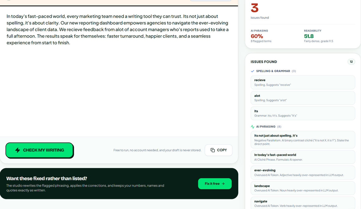 RemoveAISlop checker listing three grammar issues beside eight AI phrases