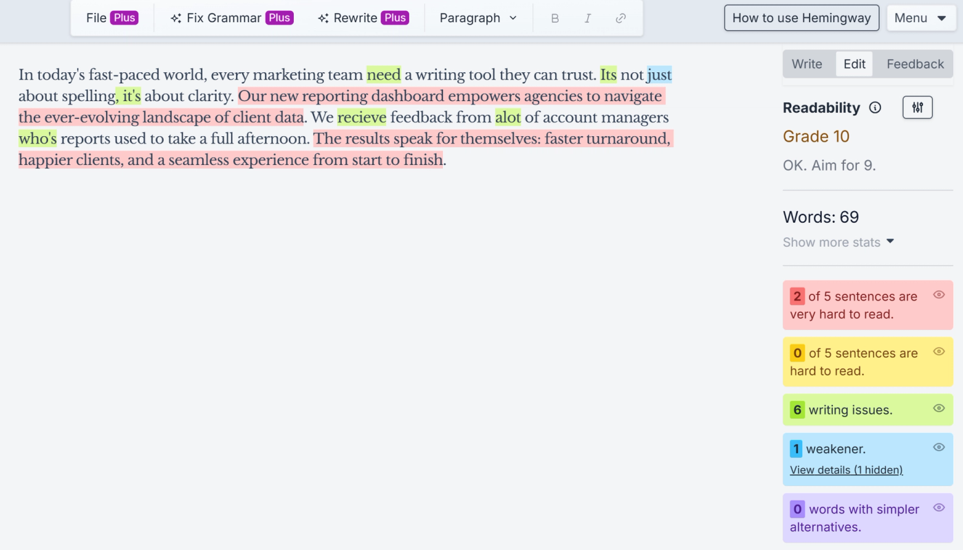 Hemingway Editor shading hard sentences and marking writing issues