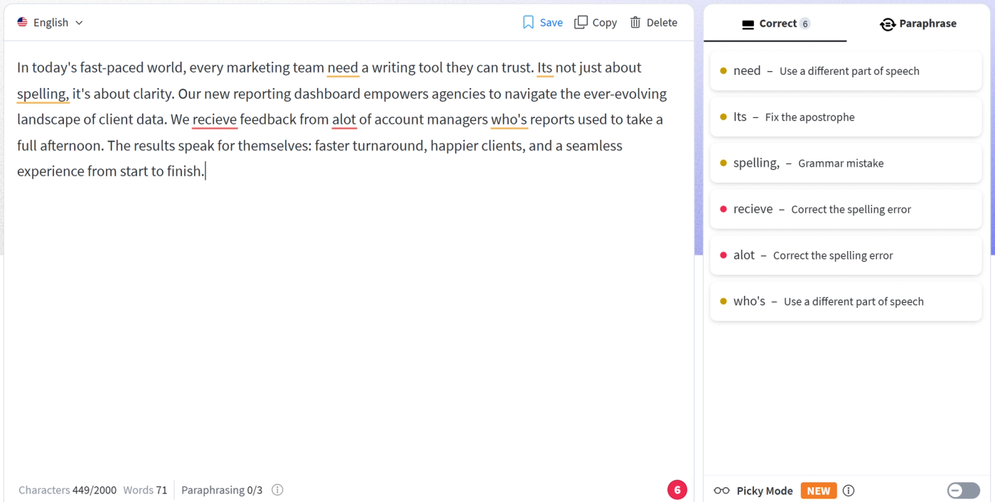 LanguageTool website checker listing six corrections