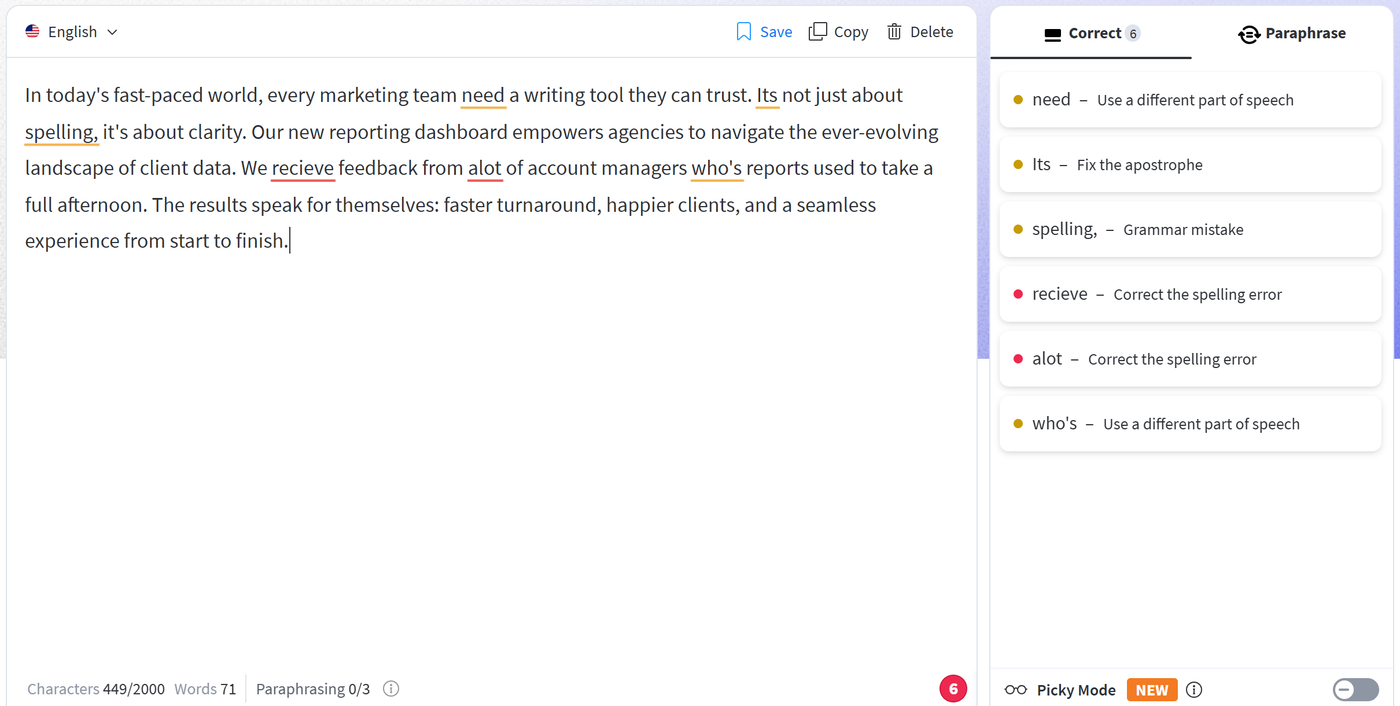 LanguageTool website checker listing six corrections