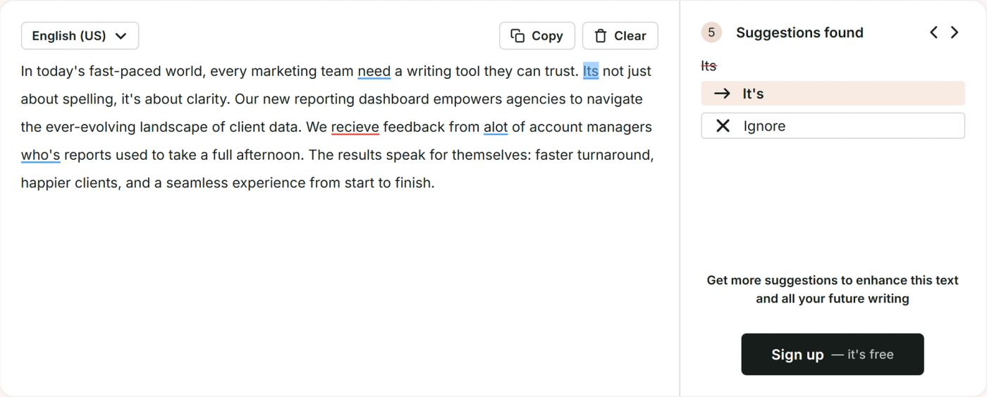 ProWritingAid free checker reporting five suggestions found