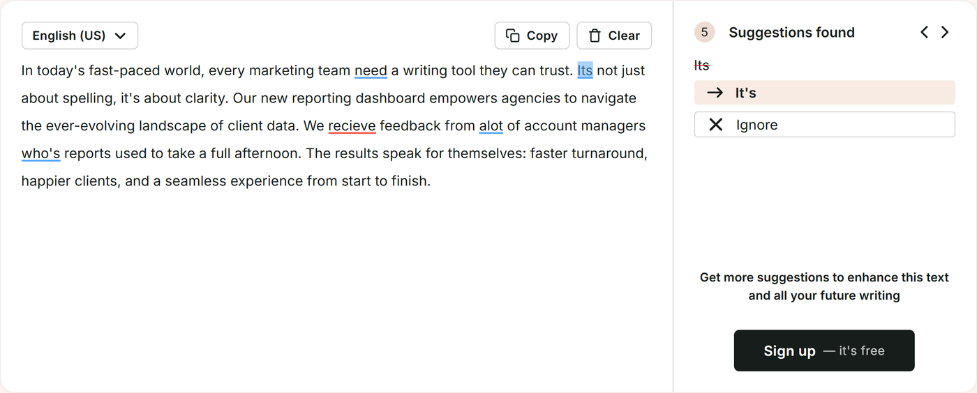 ProWritingAid free checker reporting five suggestions found
