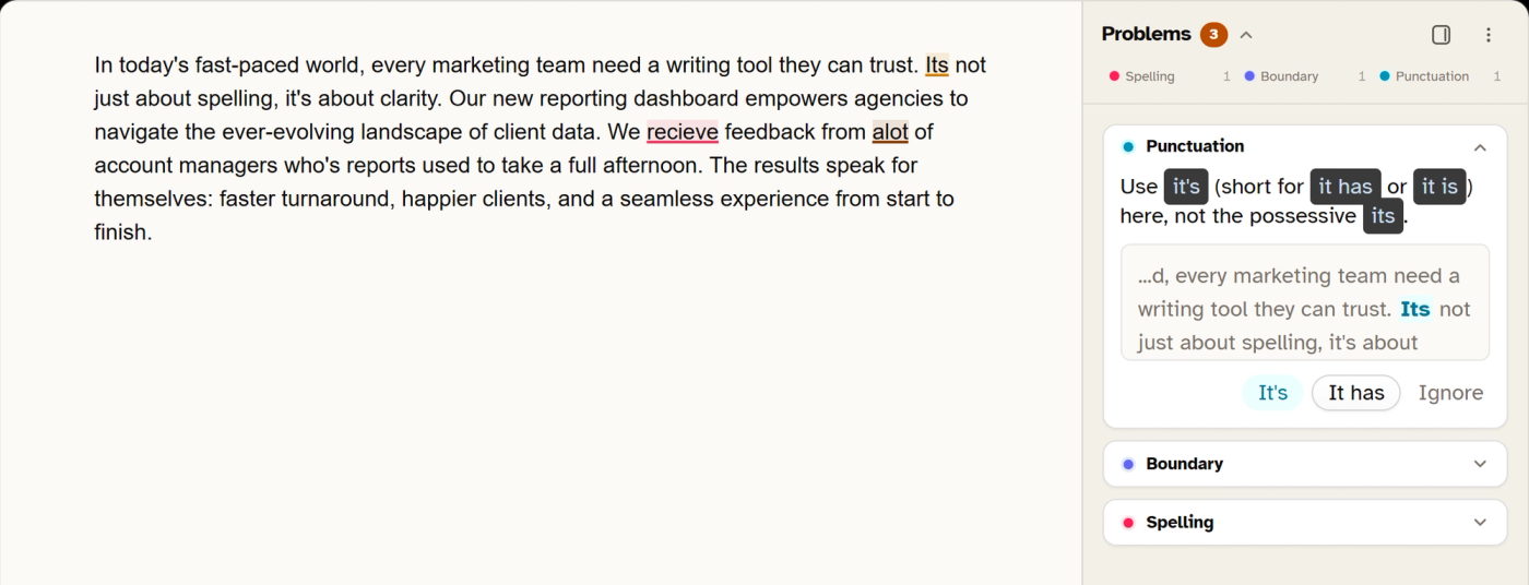 Harper web editor reporting three problems