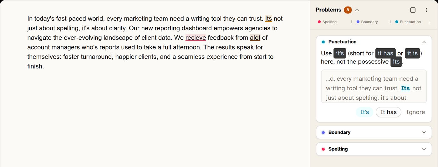 Harper web editor reporting three problems