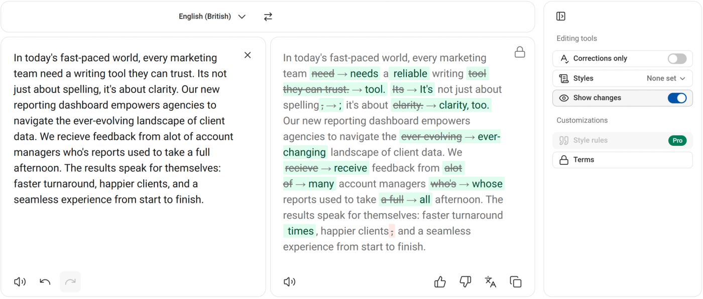 DeepL Write rewriting the paragraph with changes shown