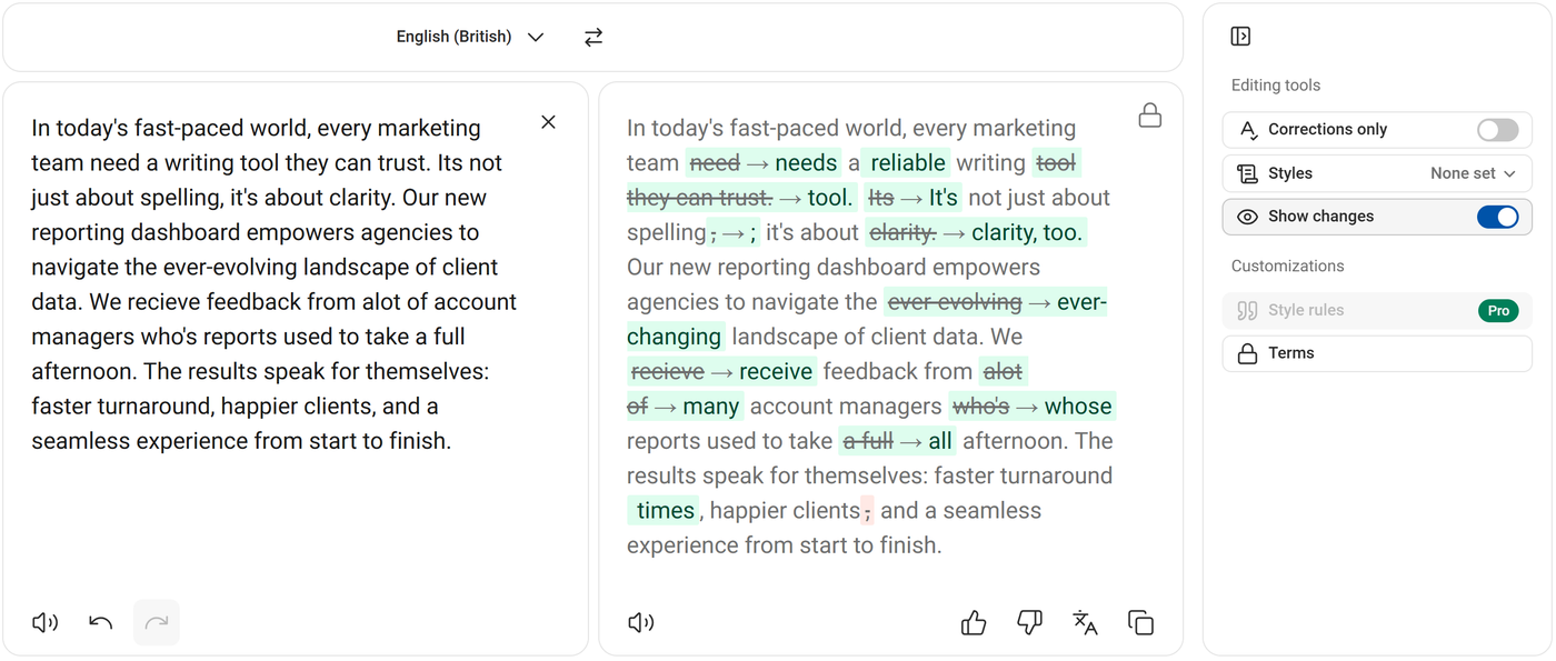 DeepL Write rewriting the paragraph with changes shown