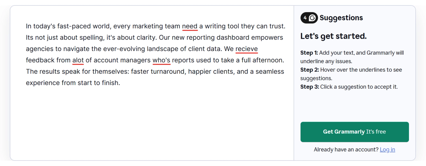 Grammarly free grammar checker with four mistakes underlined