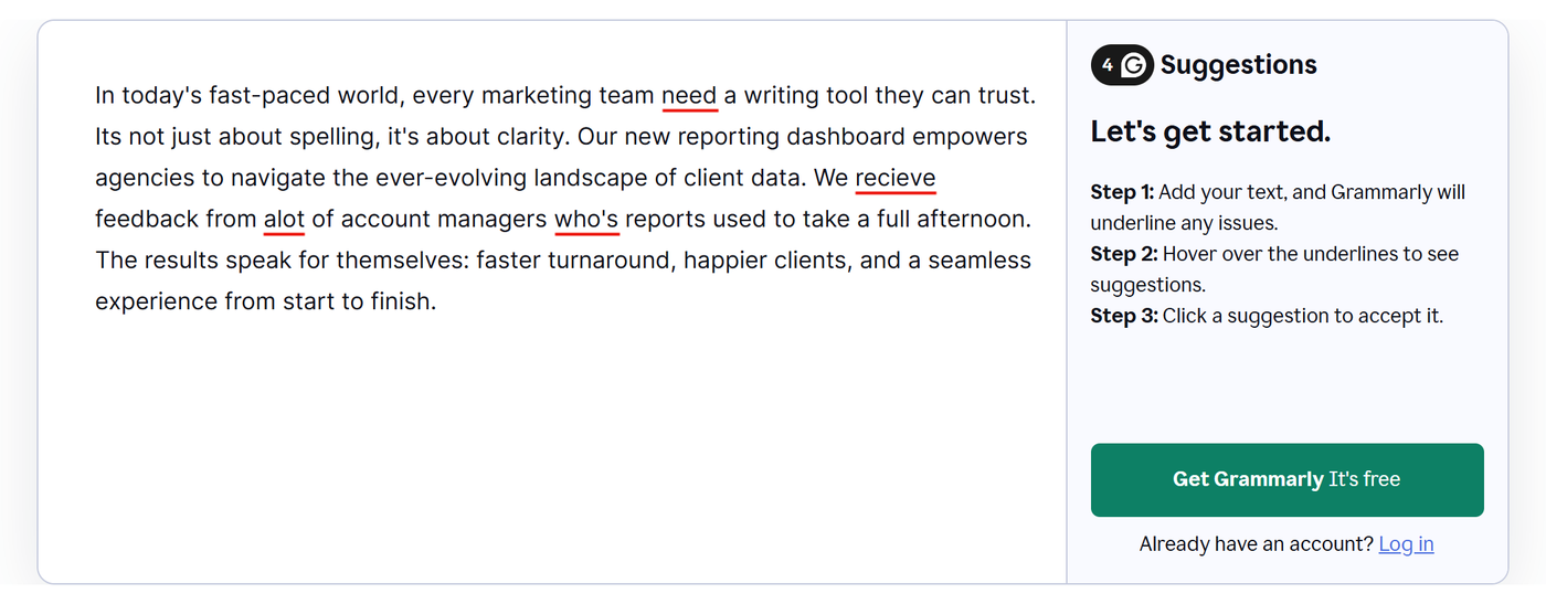 Grammarly free grammar checker with four mistakes underlined