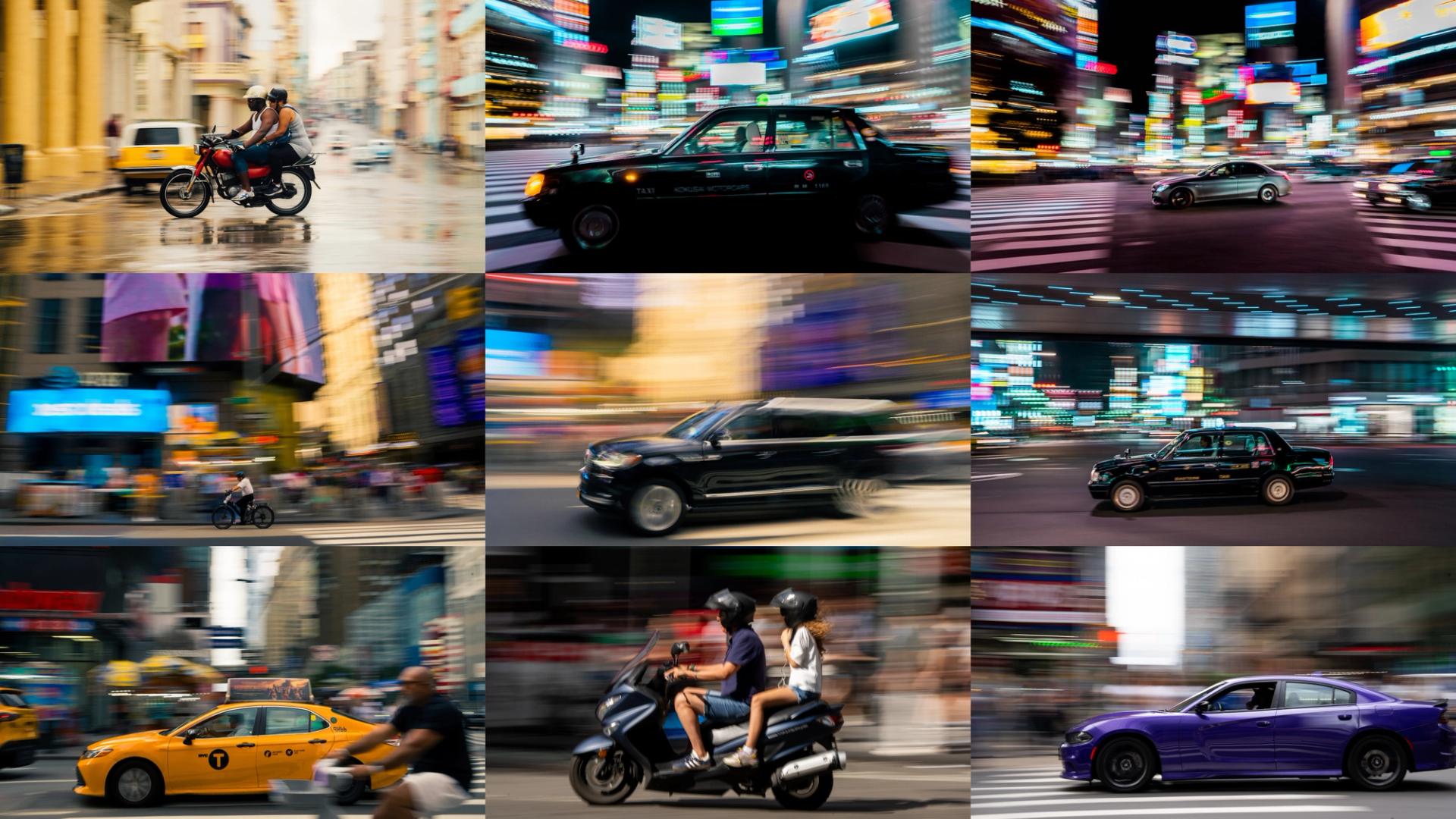 Grid of nine panning photographs of cars, scooters, and taxis in motion