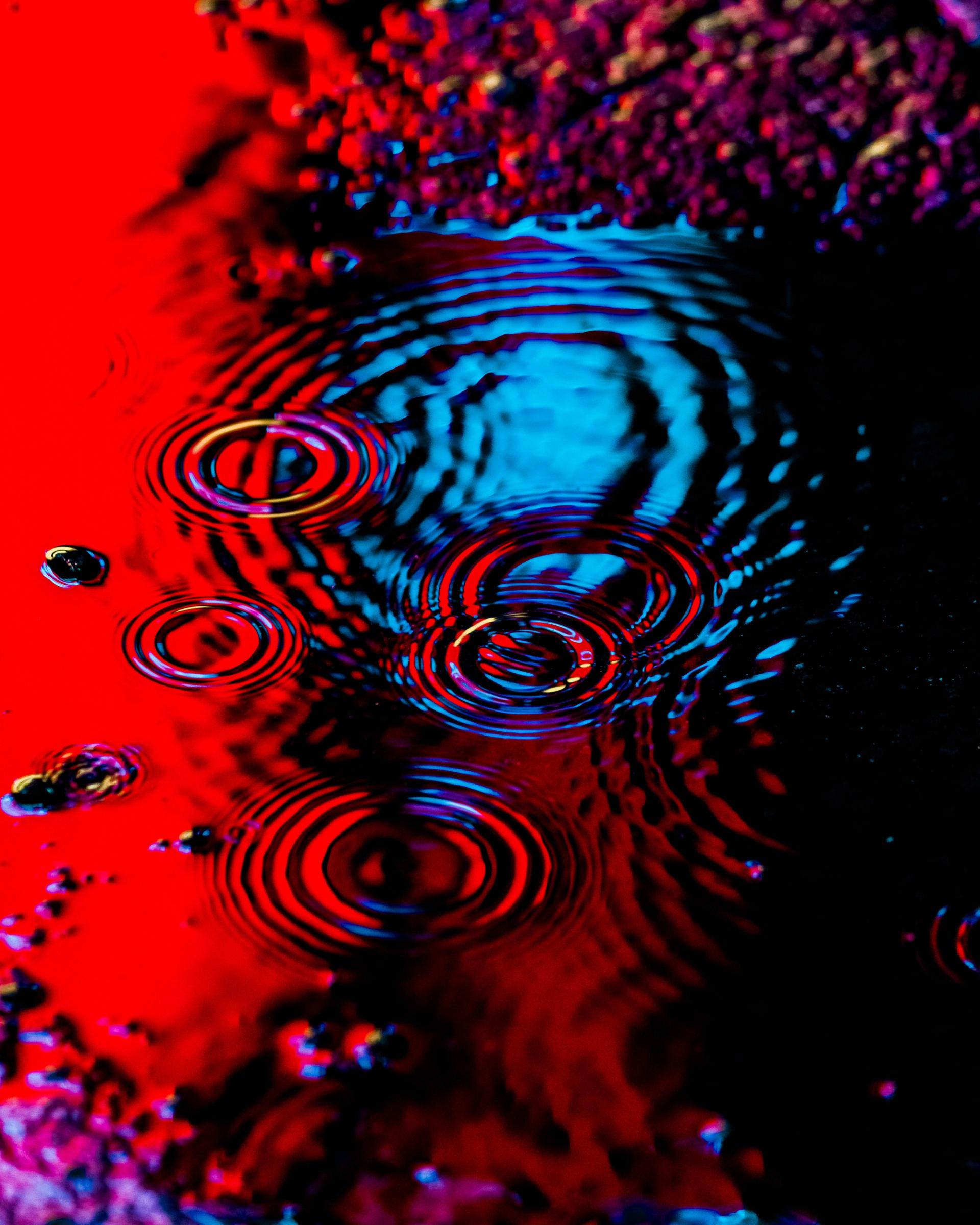 Concentric raindrop rings in a puddle lit bold red and blue by Times Square signage