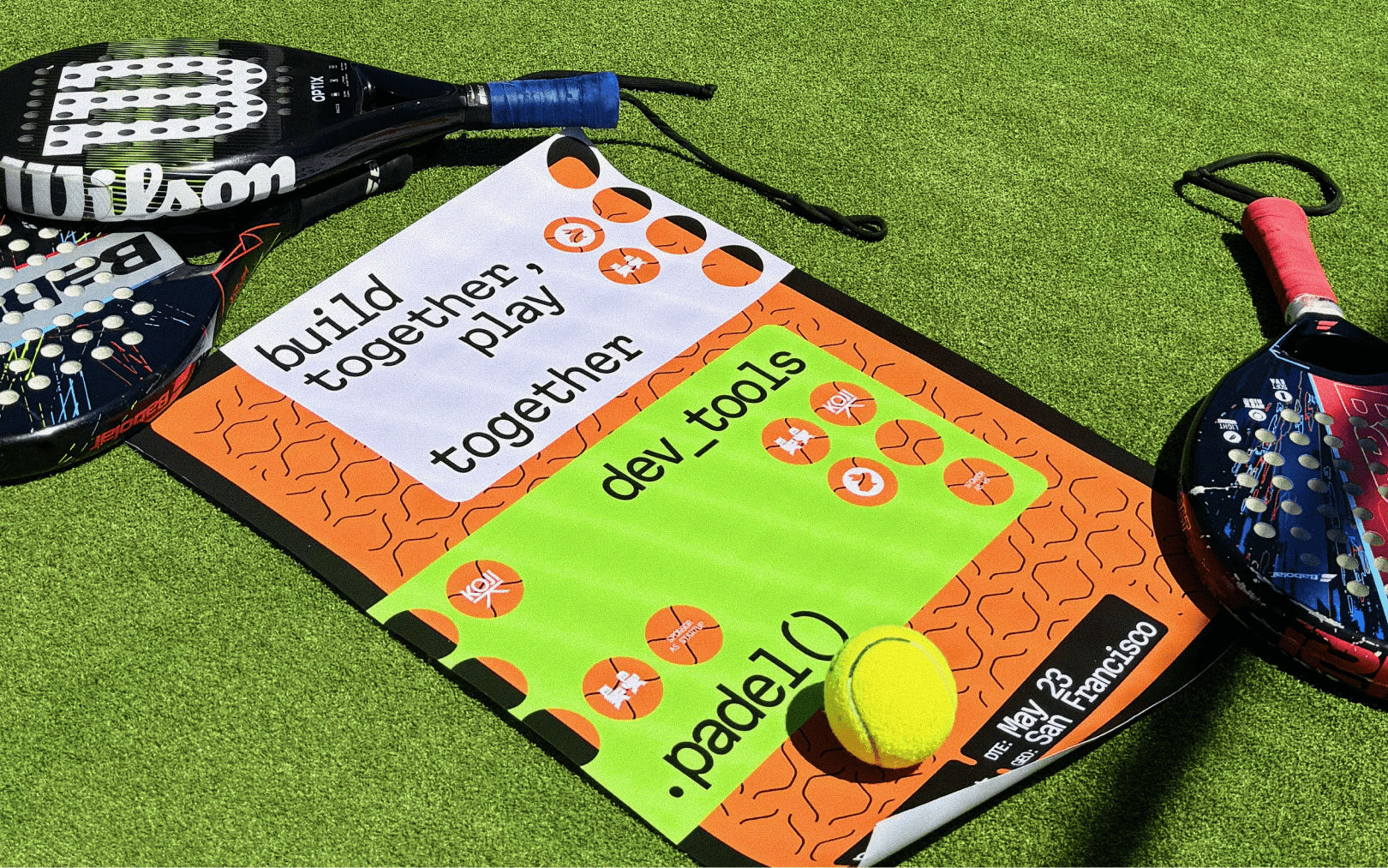 Promotional poster for **dev_tools.padel()**, a San Francisco padel tournament for devtool founders, engineers, and venture investors, photographed on a padel court surrounded by rackets and a ball.