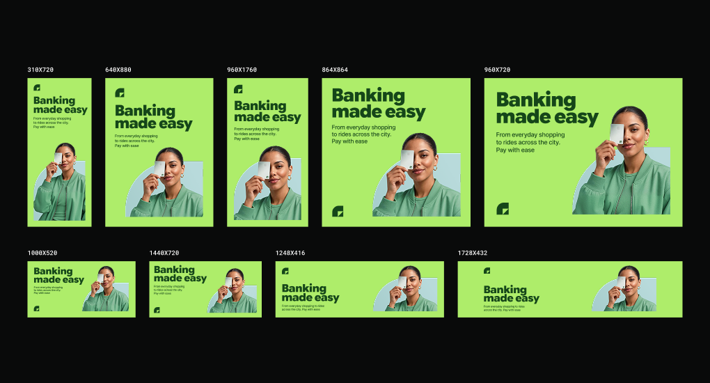 Image showing a single banking campaign adapted into multiple banner sizes and aspect ratios while preserving the same visual identity, copy, and product imagery.