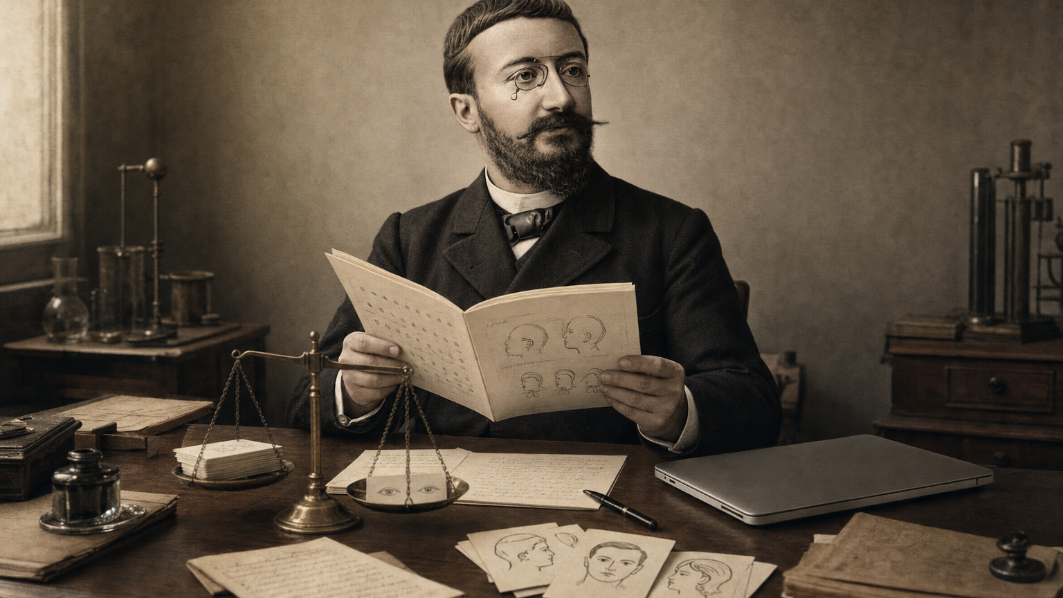 Editorial illustration of Alfred Binet at his Sorbonne laboratory desk, examining paper test materials alongside a closed modern laptop.
