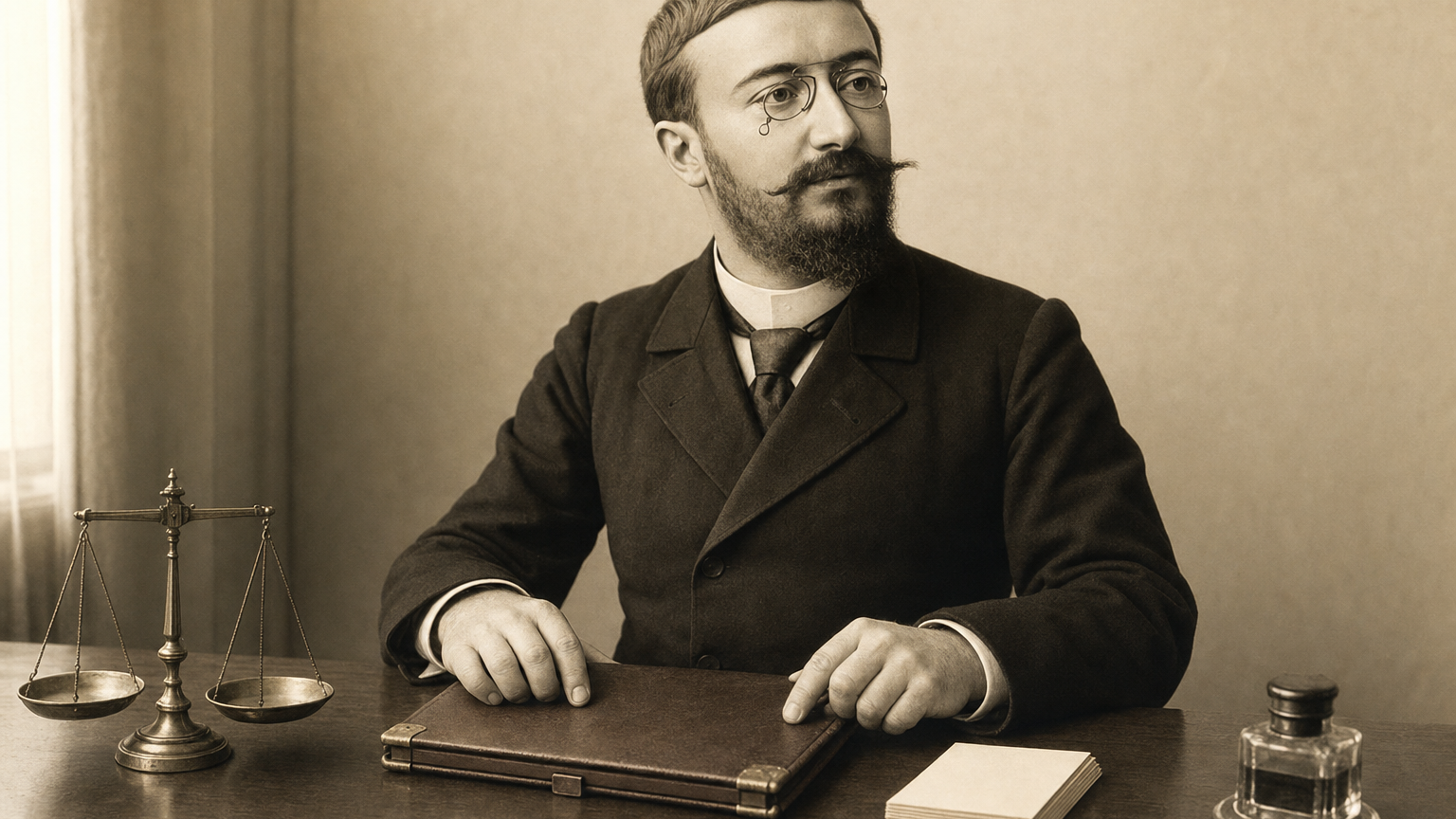 Sepia archival illustration of Alfred Binet at his Sorbonne desk reviewing a closed leather portfolio.