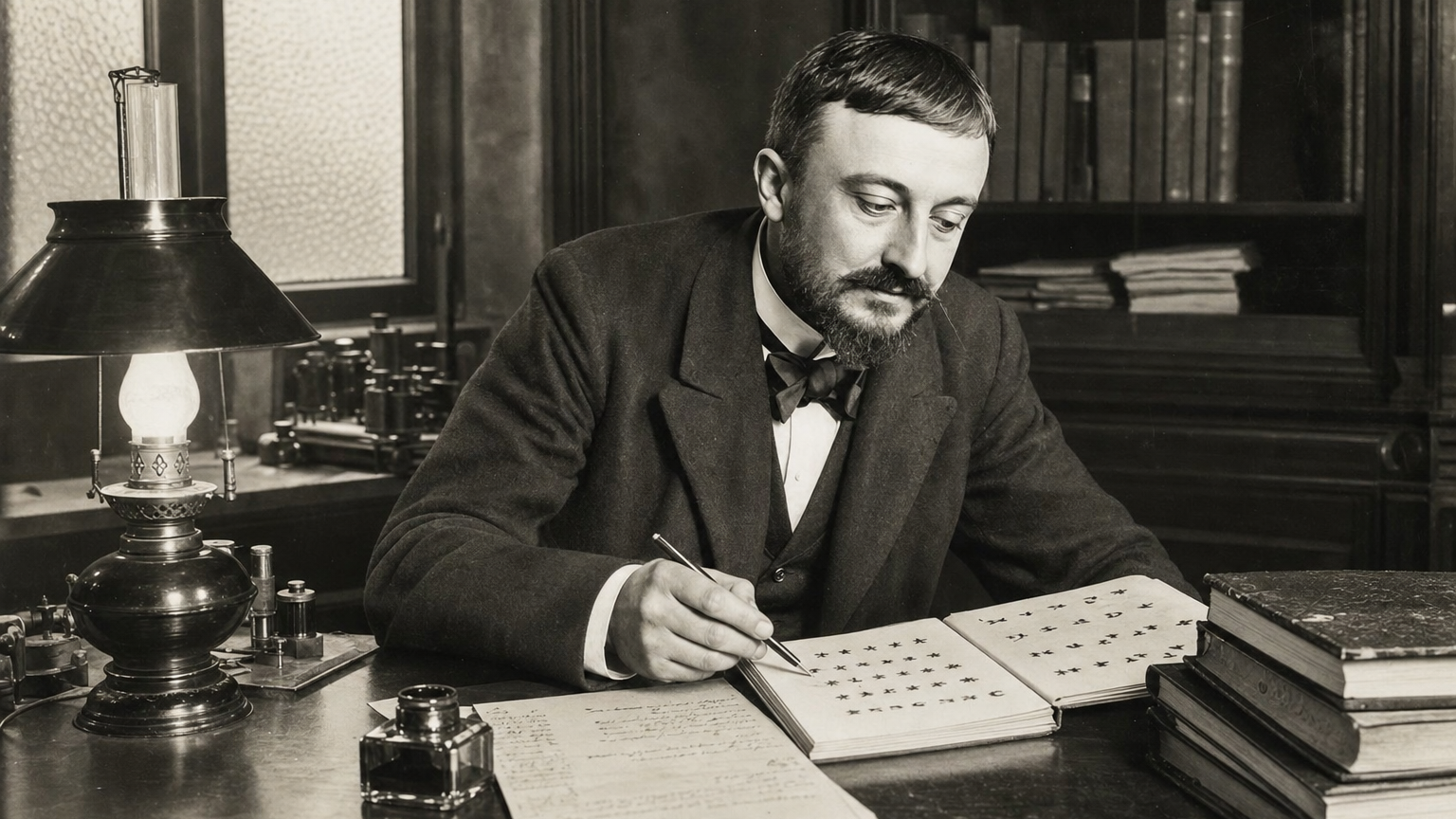 Alfred Binet examining a printed test booklet at his Sorbonne laboratory desk, pen in hand, surrounded by scoring notes and journals.