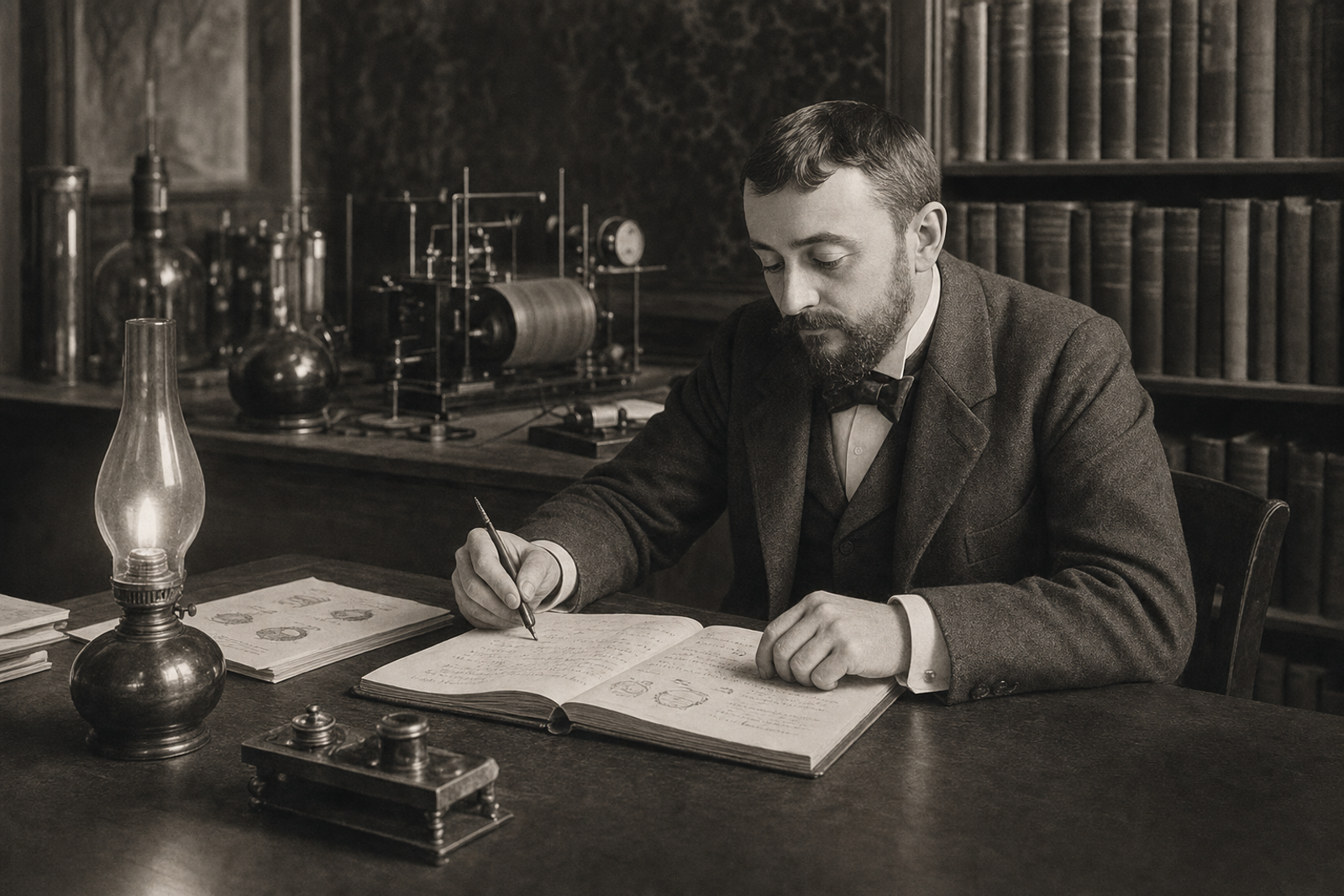 Alfred Binet seated at his laboratory desk examining a handwritten test booklet, surrounded by papers and books in a period European academic setting.