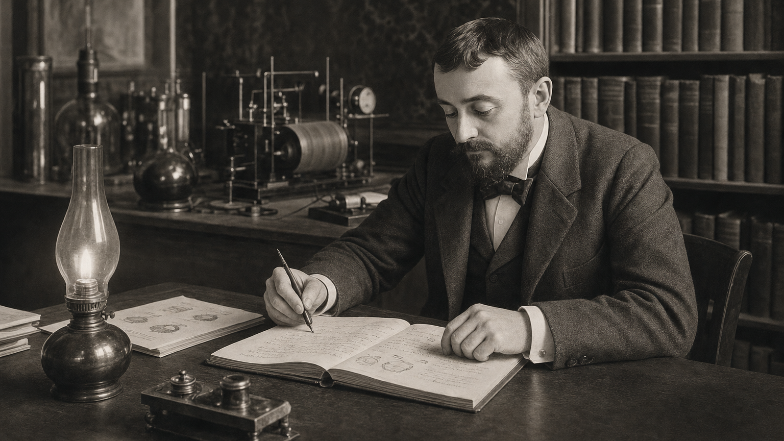 Alfred Binet seated at his laboratory desk examining a handwritten test booklet, surrounded by papers and books in a period European academic setting.