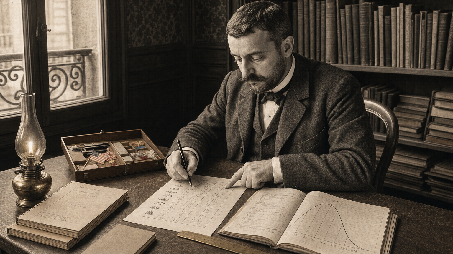 Alfred Binet examines a scoring sheet at his Sorbonne laboratory desk, with a hand-drawn bell curve visible in an open ledger beside him.