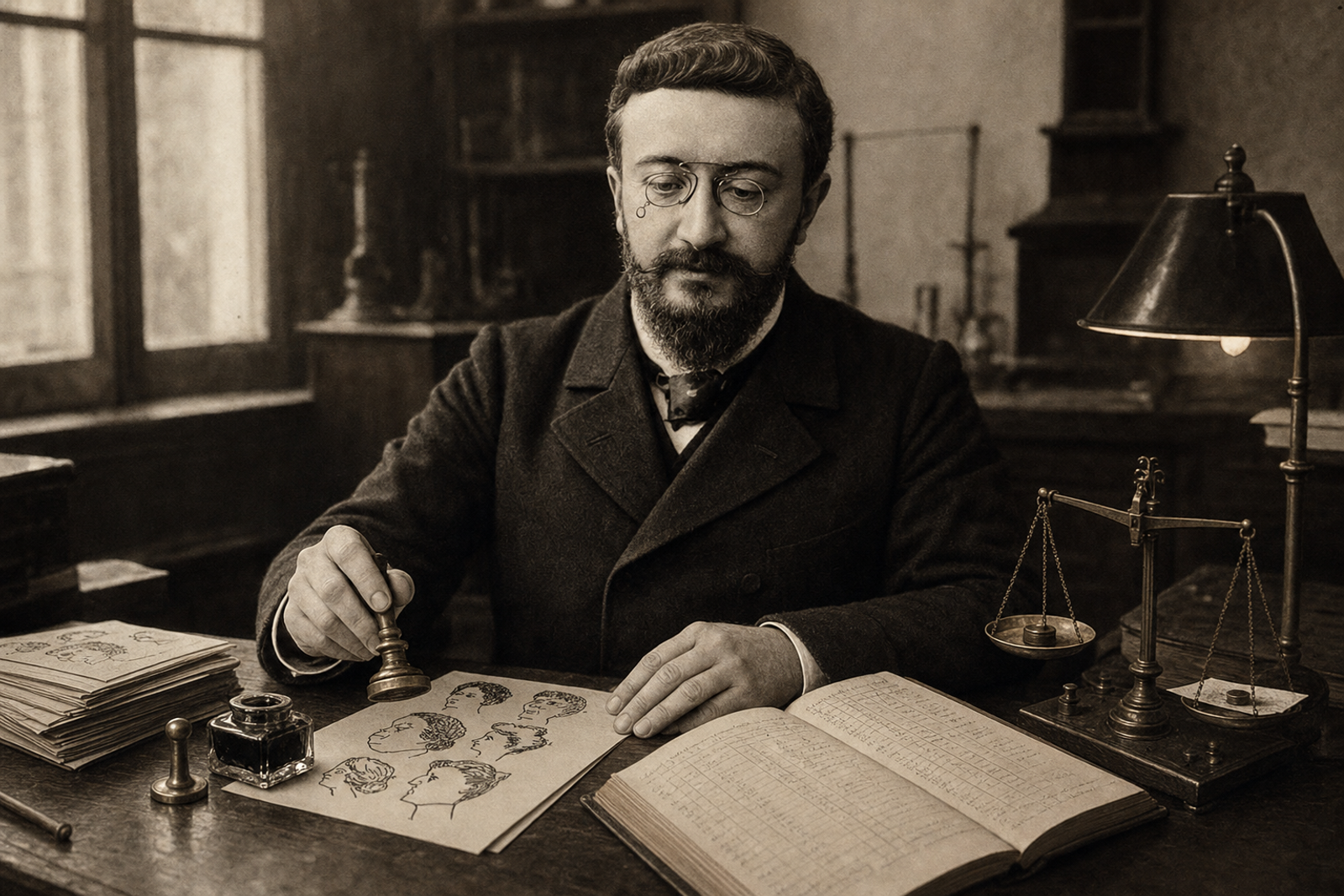 Editorial illustration of Alfred Binet at his Sorbonne laboratory desk, stamping a paper test booklet with the original 1911 Simon-Binet items.