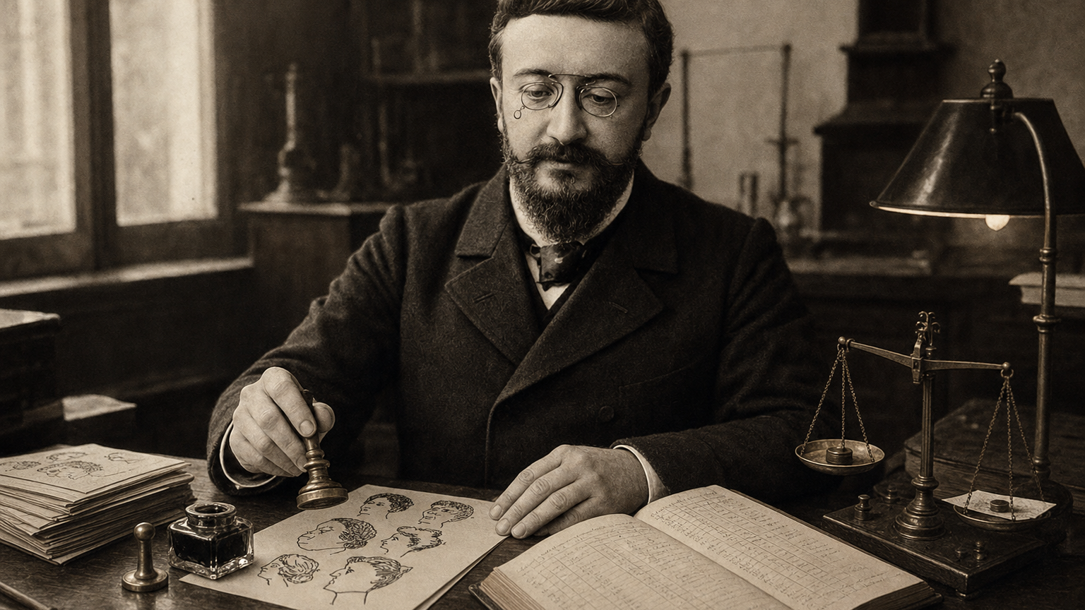 Editorial illustration of Alfred Binet at his Sorbonne laboratory desk, stamping a paper test booklet with the original 1911 Simon-Binet items.