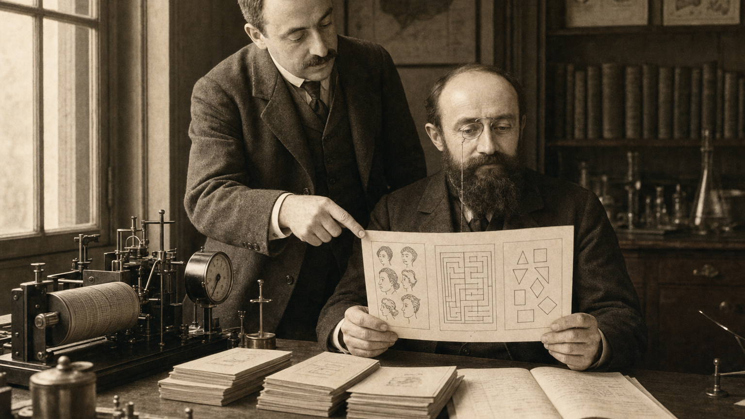 Alfred Binet and Théodore Simon examining multiple printed test formats at a Sorbonne laboratory desk, late 19th century.
