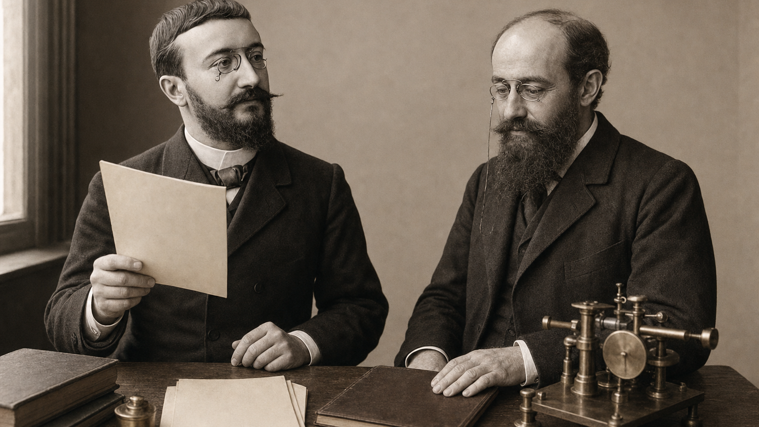 Sepia archival illustration of Alfred Binet and Théodore Simon collaborating at a Sorbonne laboratory desk in 1905.