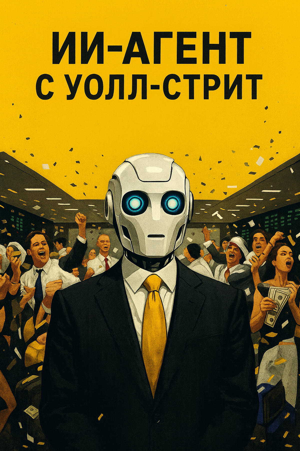 Иллюстрация: ИИ-агент в деловом костюме на Уолл-стрит, символизирующий использование искусственного интеллекта и мультиагентных систем для анализа акций и управления инвестиционными портфелями