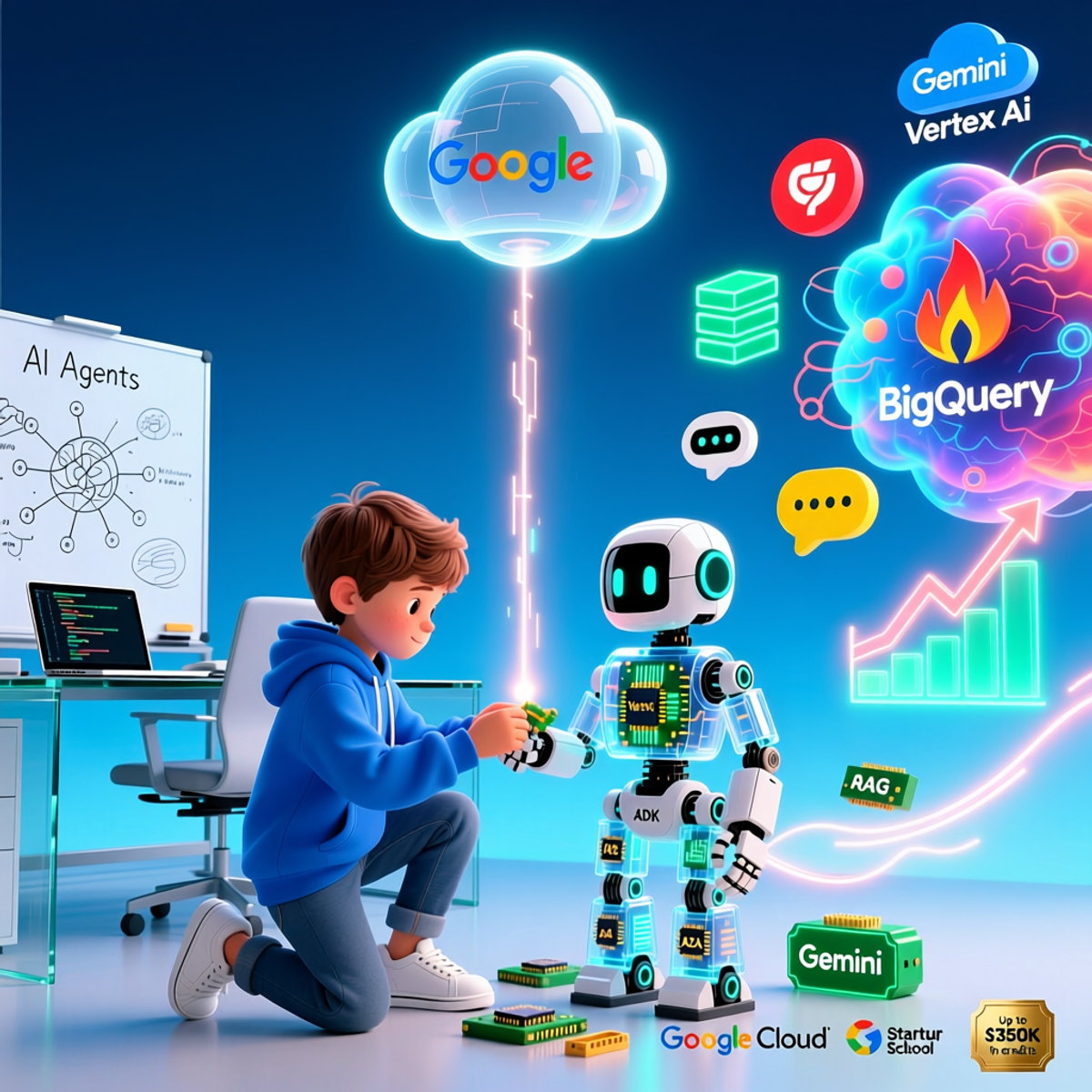 Разработчик создаёт ИИ-агента с помощью инструментов Google Cloud — Gemini, Vertex AI, ADK и BigQuery. Иллюстрация показывает взаимодействие человека и робота в технологической лаборатории, символизируя развитие агентного ИИ и экосистемы Google для стартапов.