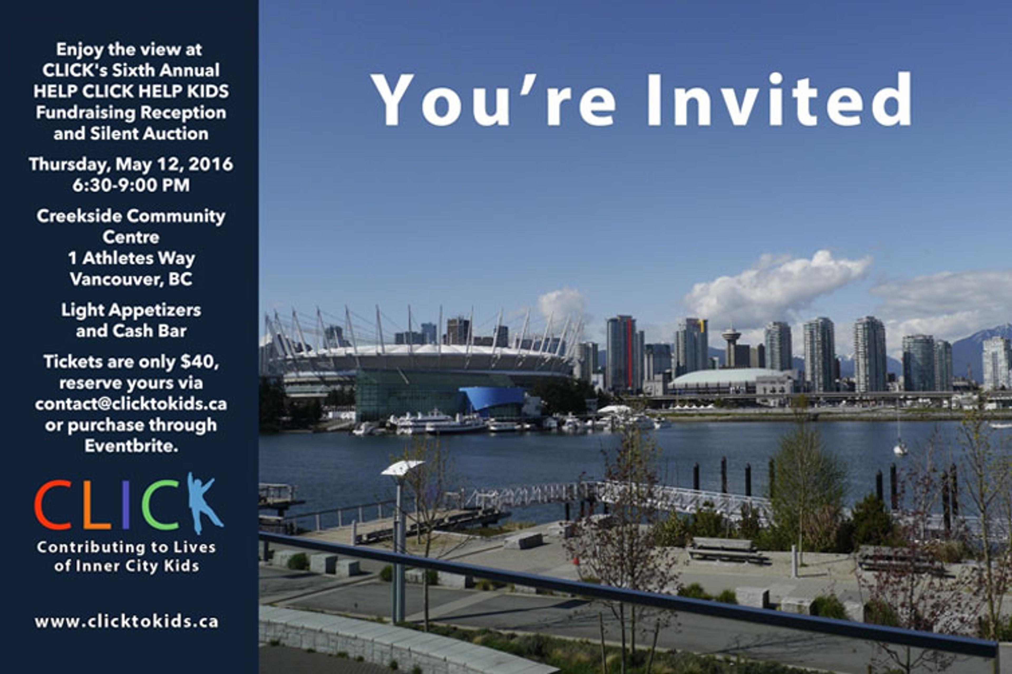Invitation to CLICK's sixth annual Help CLICK Help Kids fundraising reception and silent auction, over a photo of the Vancouver skyline
