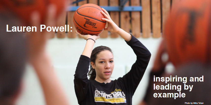 Lauren Powell holding a basketball above her head, captioned "inspiring and leading by example"