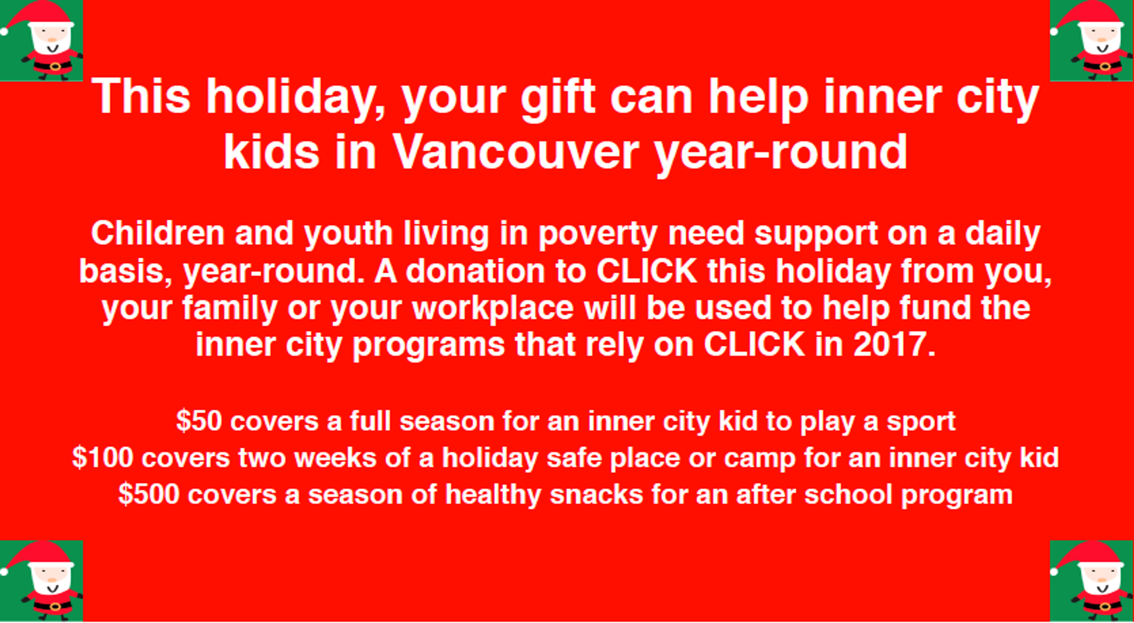 Holiday appeal graphic: $50 covers a full season for an inner city kid to play a sport, $100 covers two weeks of a holiday safe place or camp, $500 covers a season of healthy snacks for an after-school program